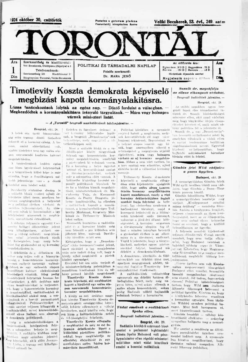 Torontál, 53. évf. 1924. október 30. 249. sz.