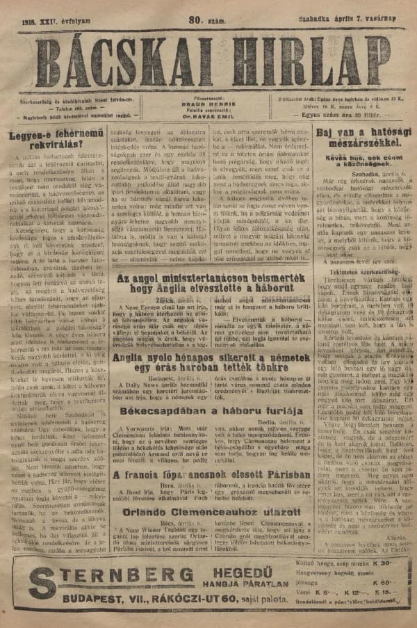 Bácskai Hirlap, 22. évf. 1918. április 7. 80. sz.