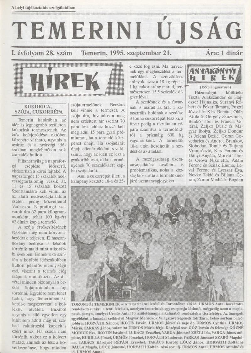 Temerini Újság, 1. évf. 1995. szeptember 21. 28. sz.