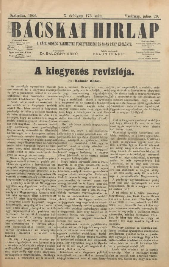 Bácskai Hirlap, 10. évf. 1906. július 29. 175. sz.