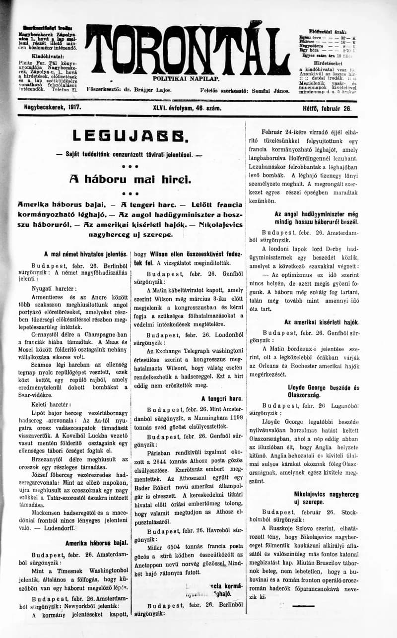 Torontál, 46. évf. 1917. február 26. 46. sz.