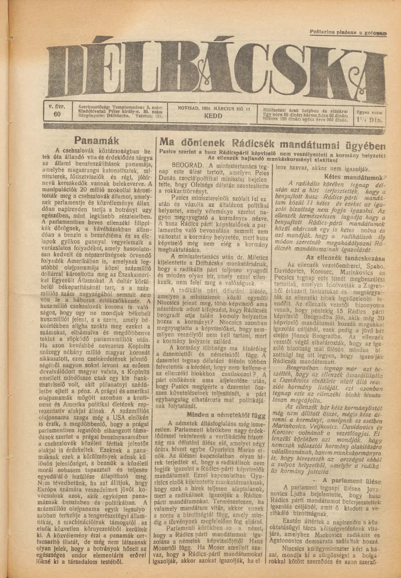 Délbácska, 5. évf. 1924. március 11. 60. sz.
