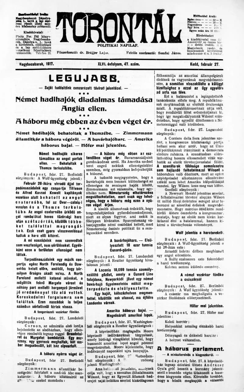 Torontál, 46. évf. 1917. február 27. 47. sz.