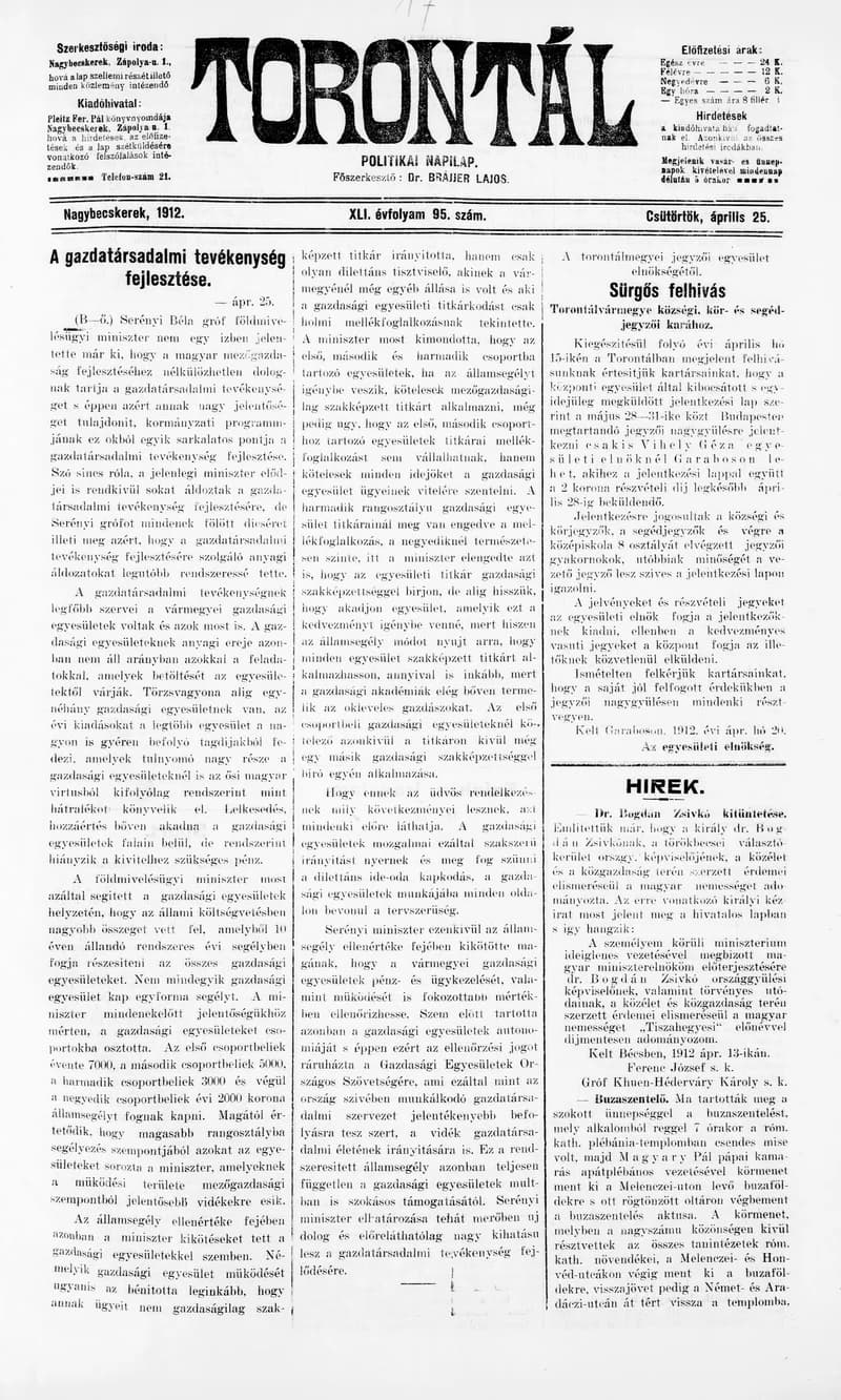 Torontál, 41. évf. 1912. április 25. 95. sz.