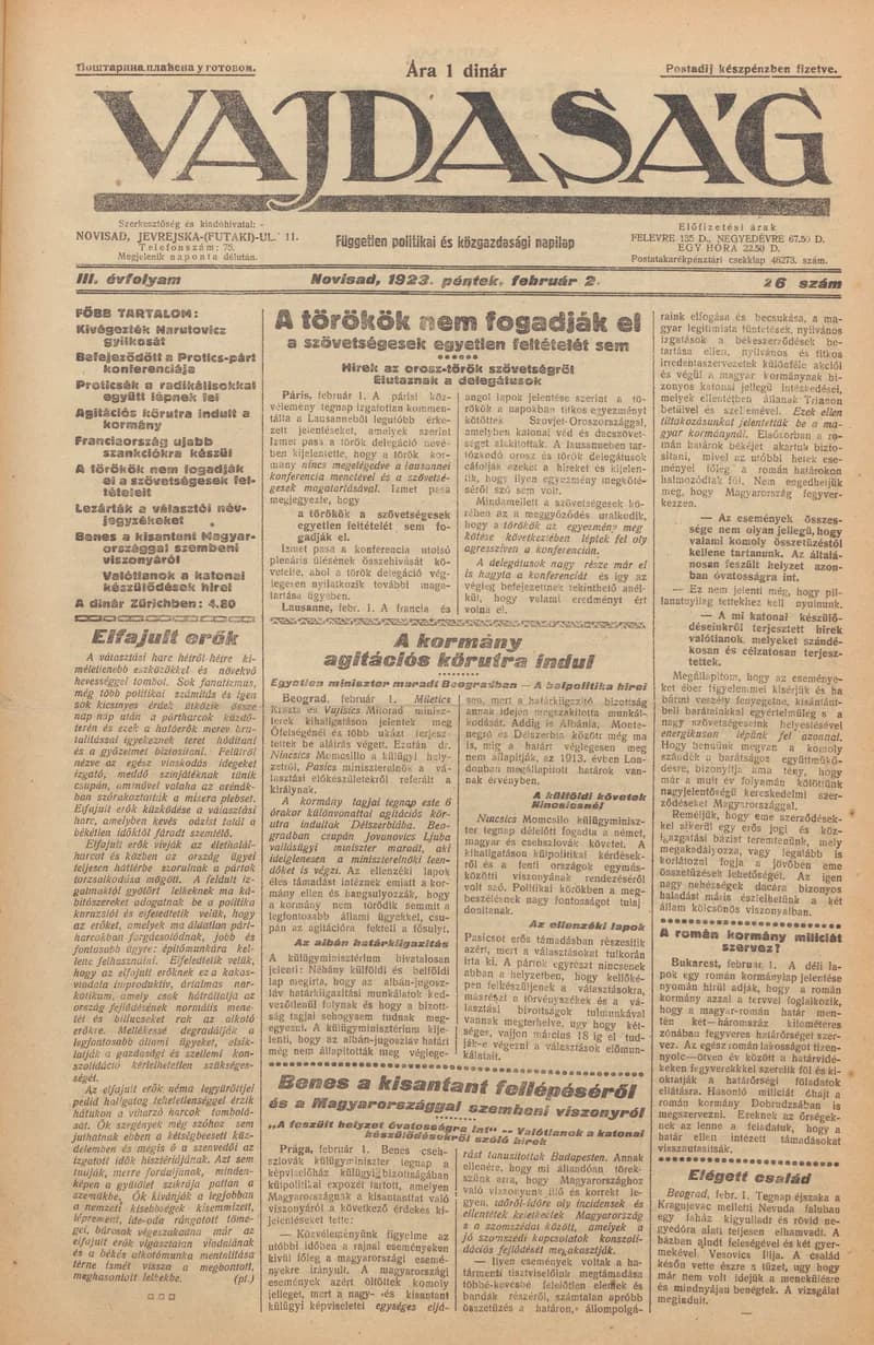 Vajdaság, 3. évf. 1923. február 2. 26. sz.