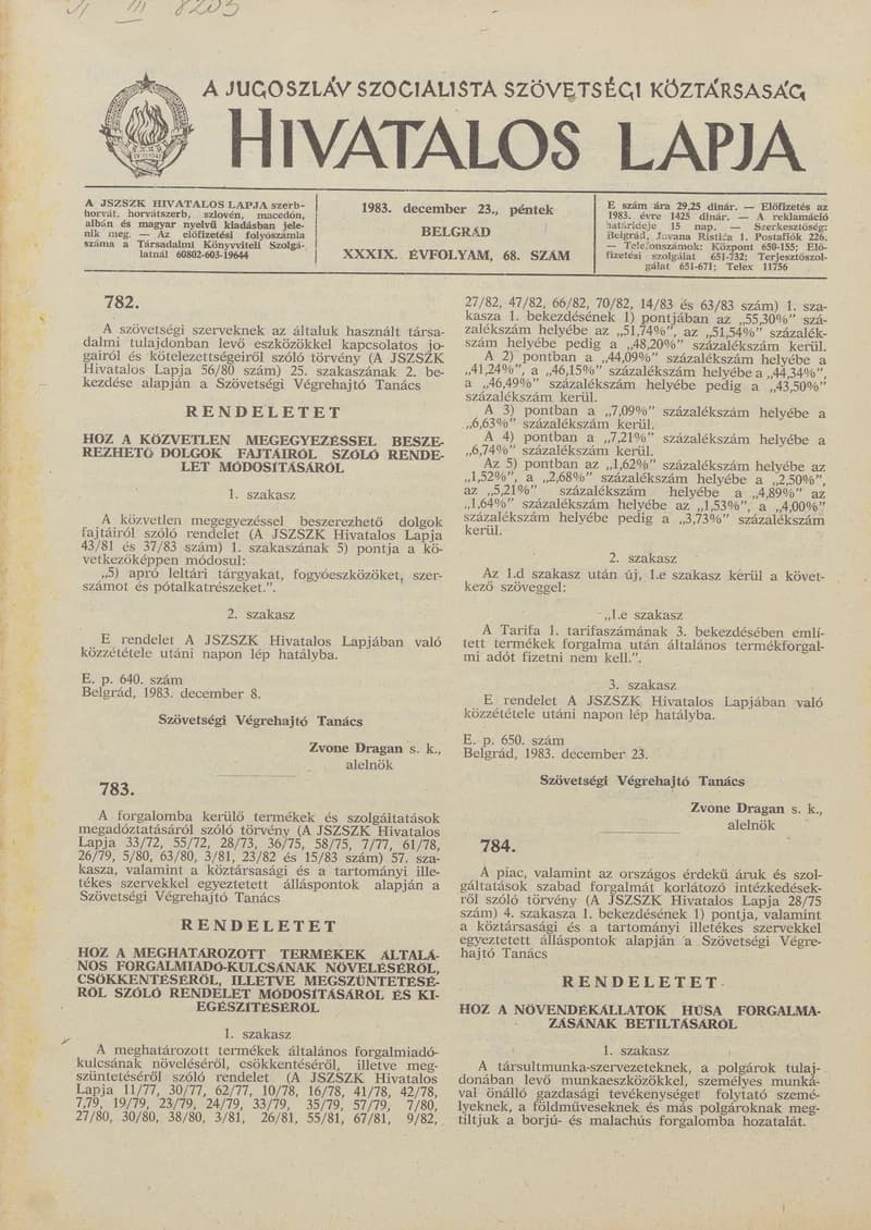 A Jugoszláv Szocialista Szövetségi Köztársaság Hivatalos Lapja, 39. évf. 1983. december 23. 68. sz. 1885–1920. oldal
