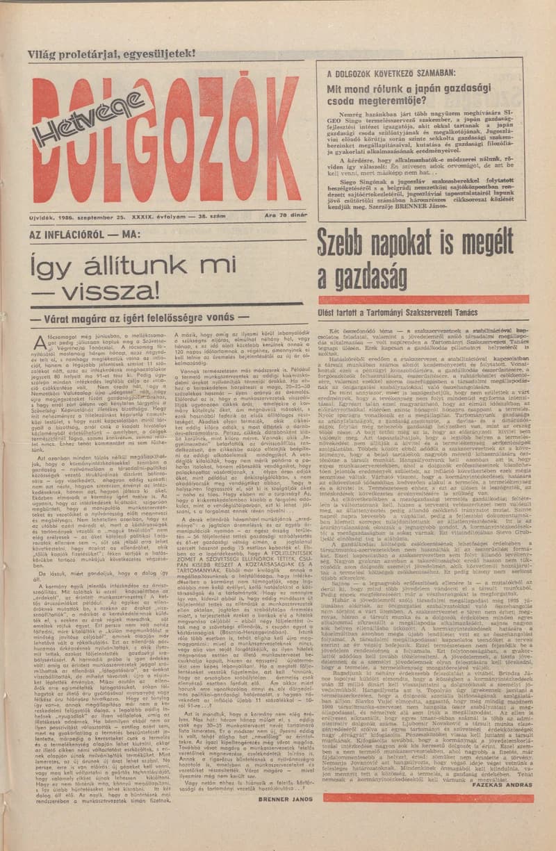 Dolgozók, 40. évf. 1986. szeptember 25. 38. sz.