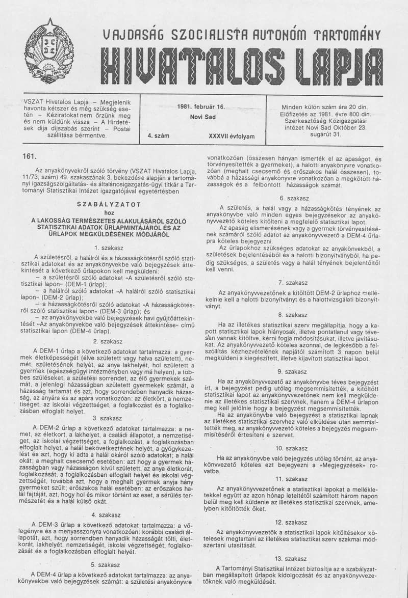 Vajdaság Szocialista Autonóm Tartomány Hivatalos Lapja, 37. évf. 1981. február 16. 4. sz.
