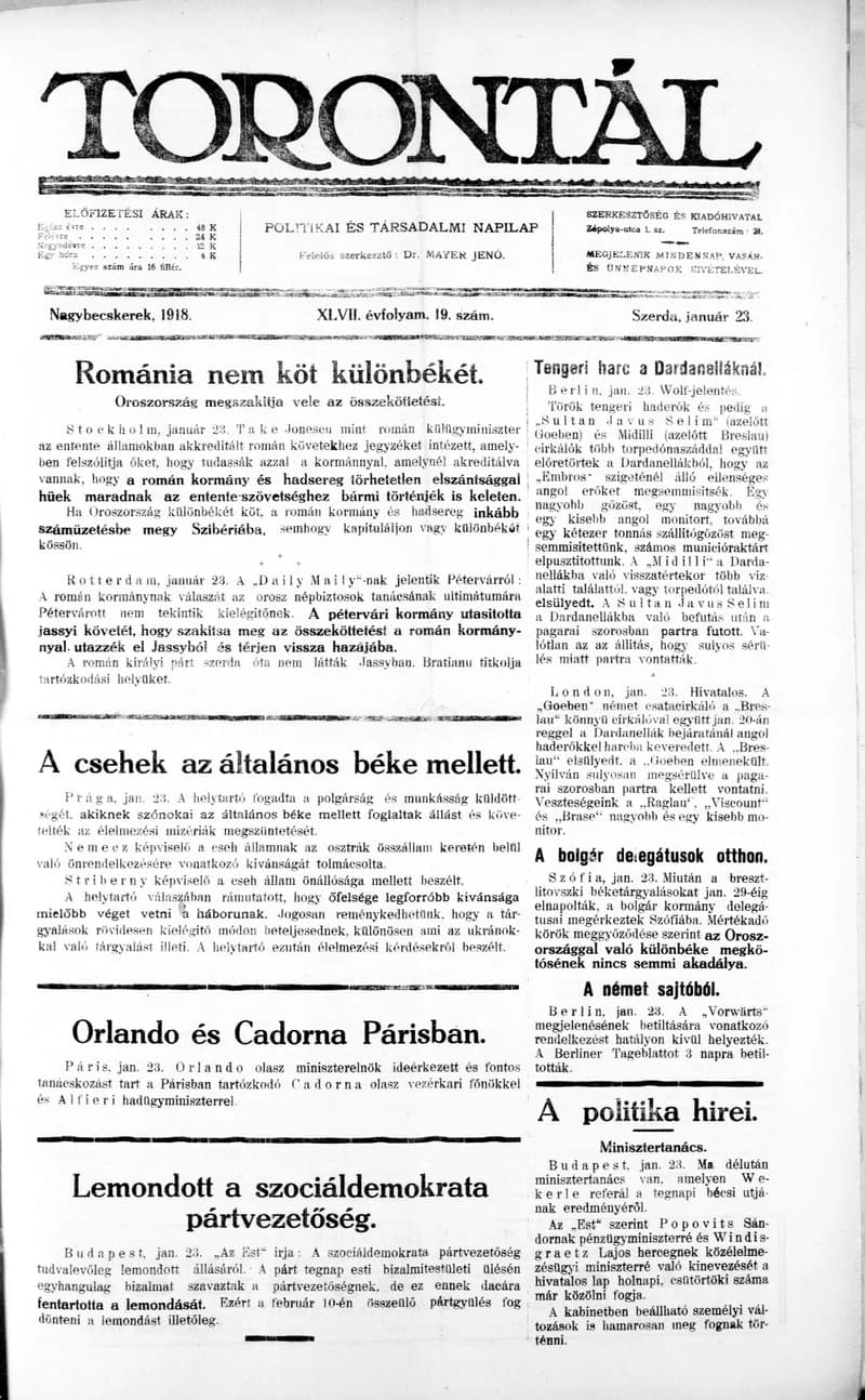 Torontál, 47. évf. 1918. január 23. 19. sz.