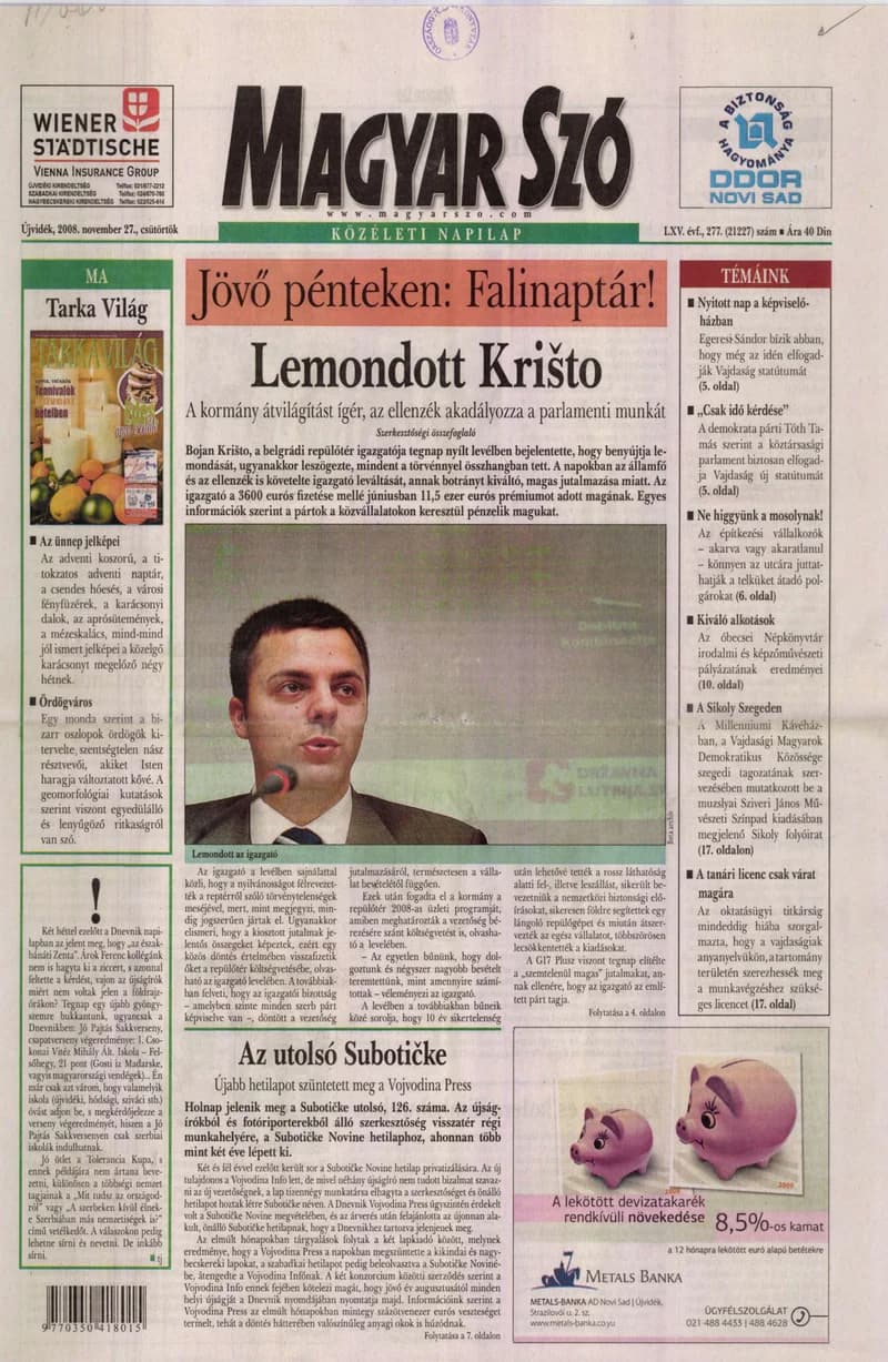 Magyar Szó, 65. évf. 2008. november 27. 277. sz. 1–20. oldal