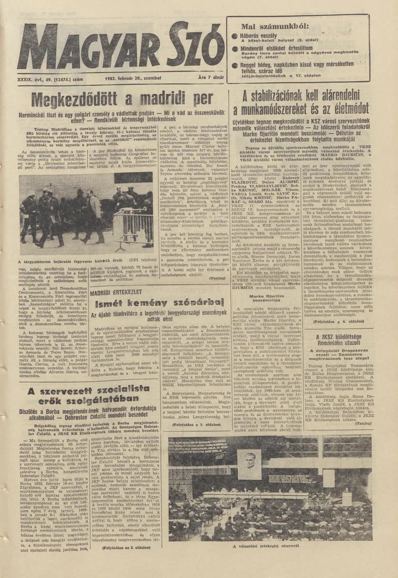 Magyar Szó, 39. évf. 1982. február 20. 49. sz. 1–20. oldal