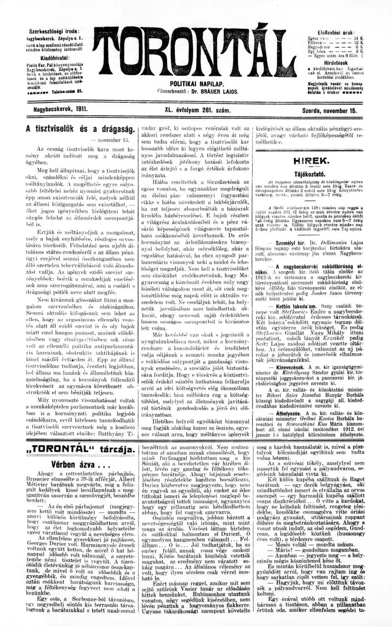 Torontál, 40. évf. 1911. november 15. 261. sz.