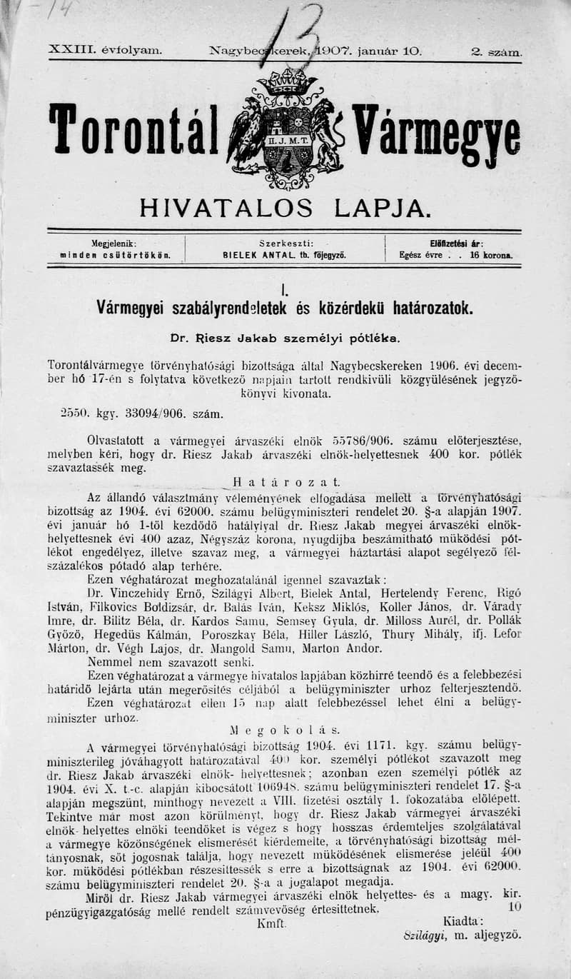 Torontál Vármegye Hivatalos Lapja, 23. évf. 1907. január 10. 2. sz.