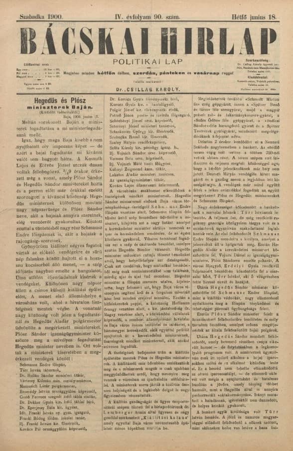 Bácskai Hirlap, 4. évf. 1900. június 18. 90. sz.