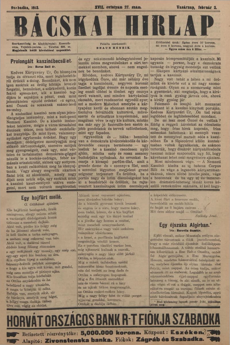 Bácskai Hirlap, 17. évf. 1913. február 2. 27. sz.