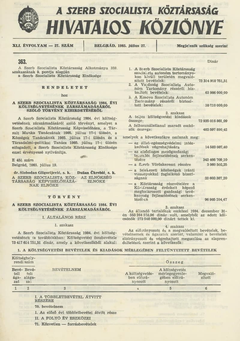 A Szerb Szocialista Köztársaság Hivatalos Közlönye, 41. évf. 1985. július 27. 27. sz.