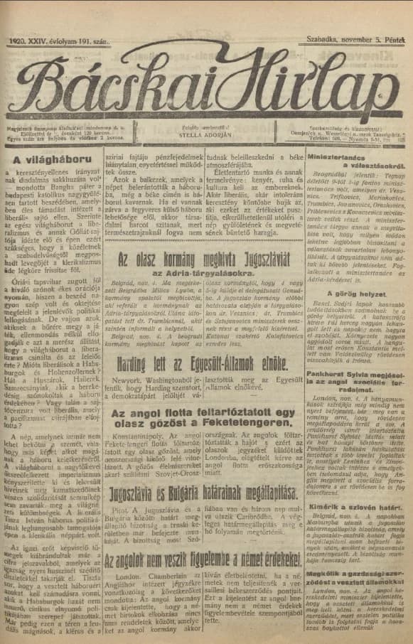 Bácskai Hirlap, 24. évf. 1920. november 5. 191. sz.