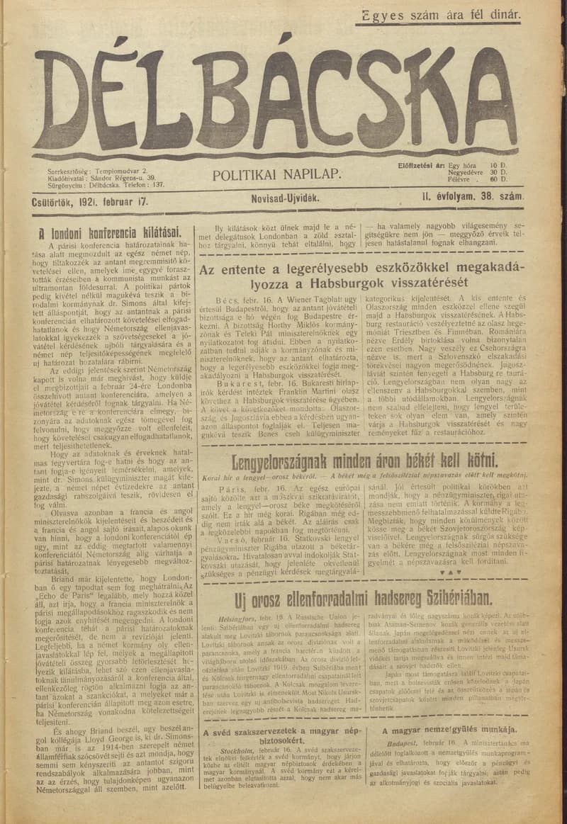 Délbácska, 2. évf. 1921. február 17. 38. sz.