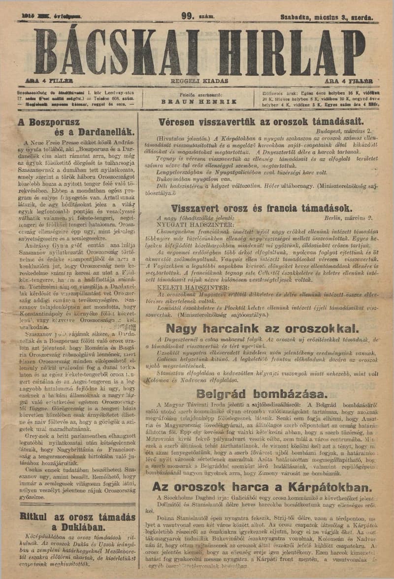 Bácskai Hirlap, 19. évf. 1915. március 3. 99. sz.