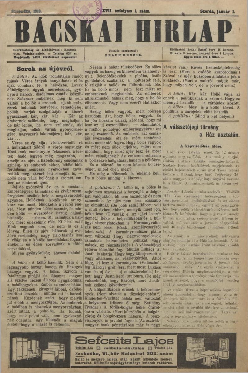 Bácskai Hirlap, 17. évf. 1913. január 1. 1. sz.