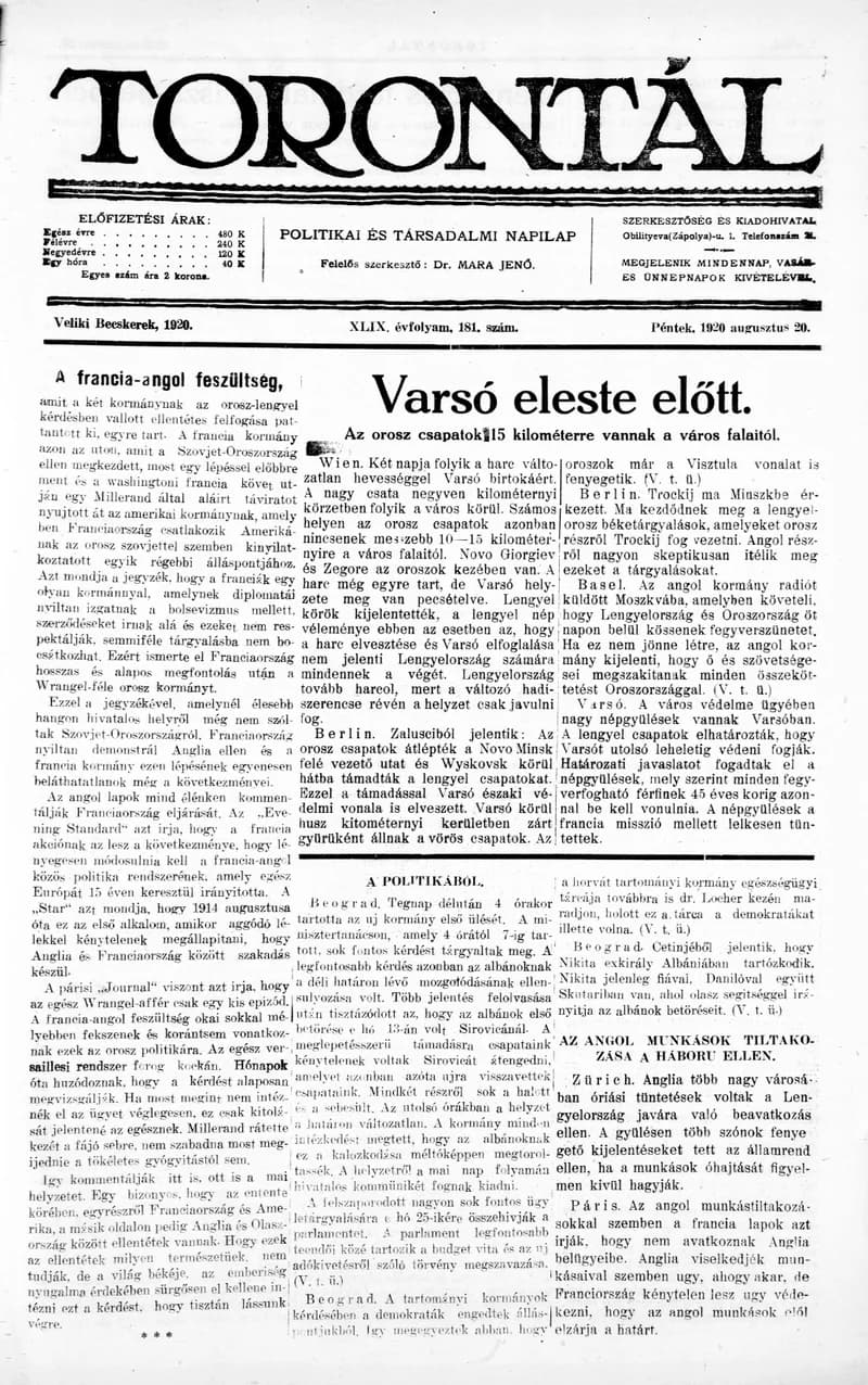 Torontál, 49. évf. 1920. augusztus 20. 181. sz.