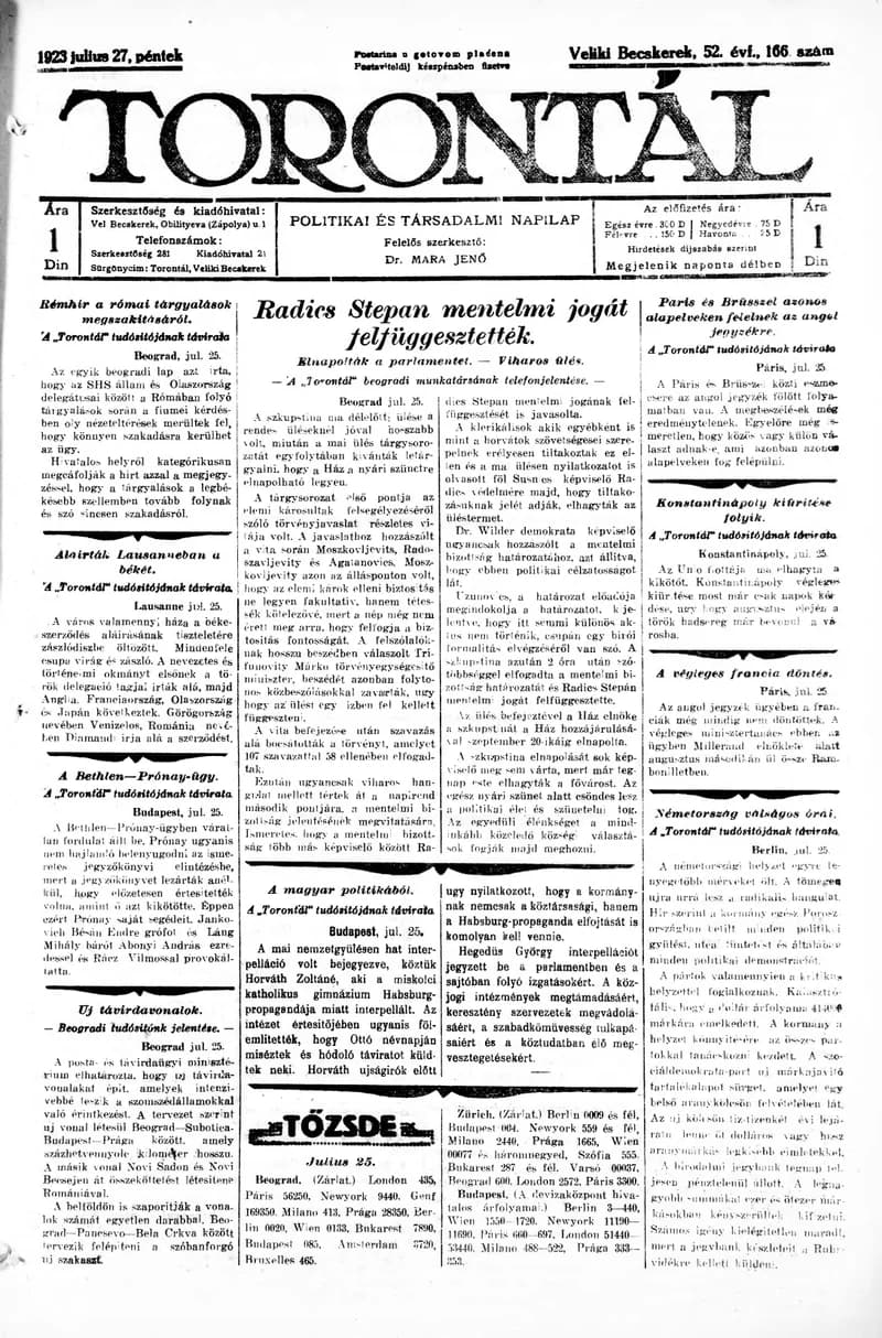 Torontál, 52. évf. 1923. július 27. 166. sz.