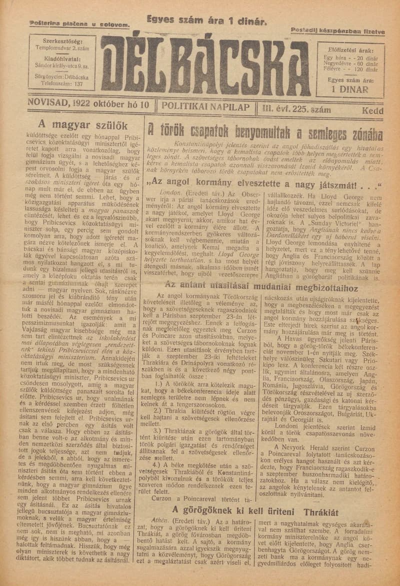 Délbácska, 3. évf. 1922. október 10. 225. sz.