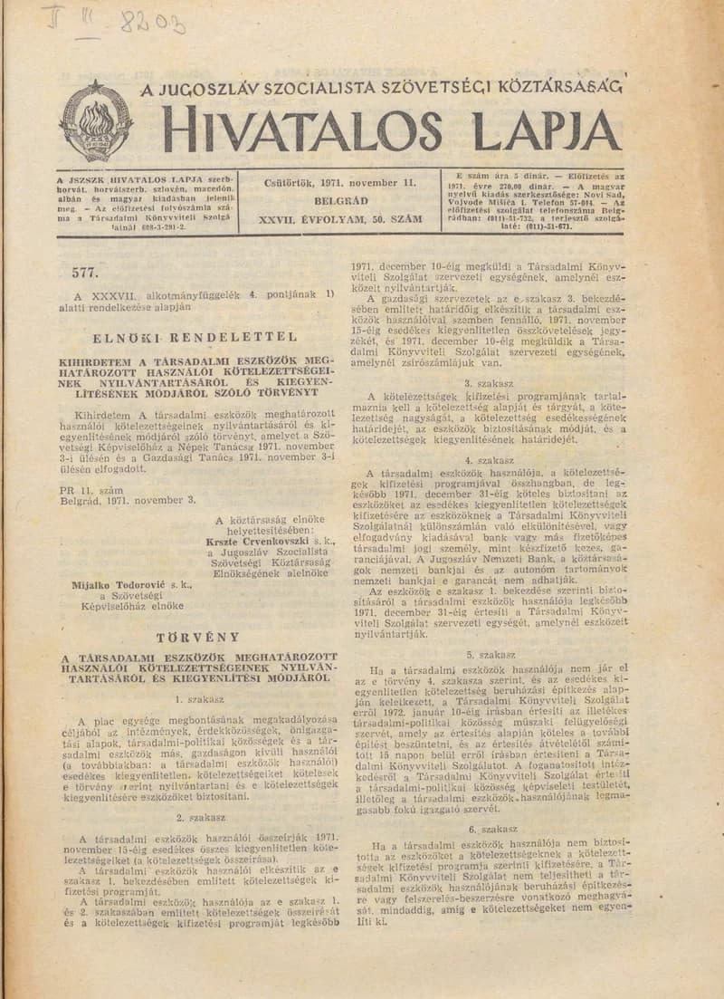A Jugoszláv Szocialista Szövetségi Köztársaság Hivatalos Lapja, 27. évf. 1971. november 11. 50. sz. 925–940. oldal