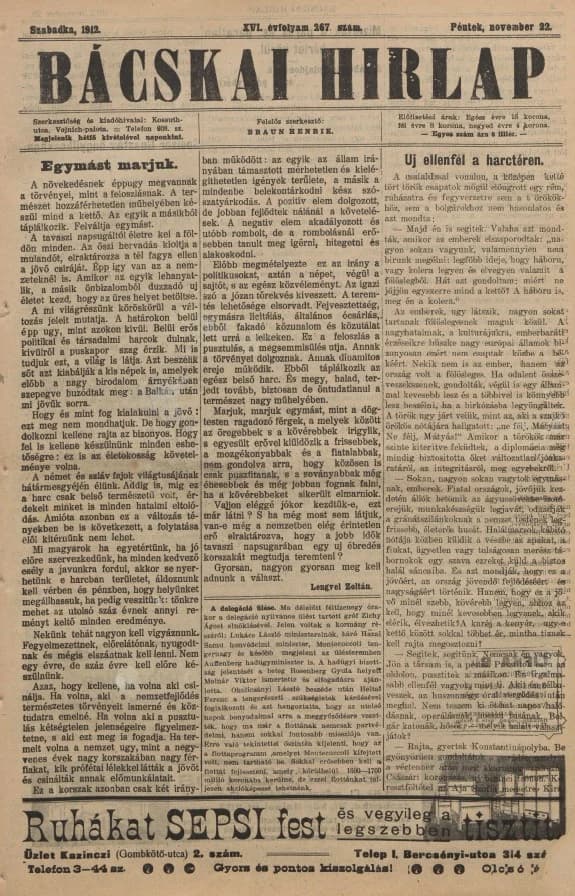 Bácskai Hirlap, 16. évf. 1912. november 22. 267. sz.