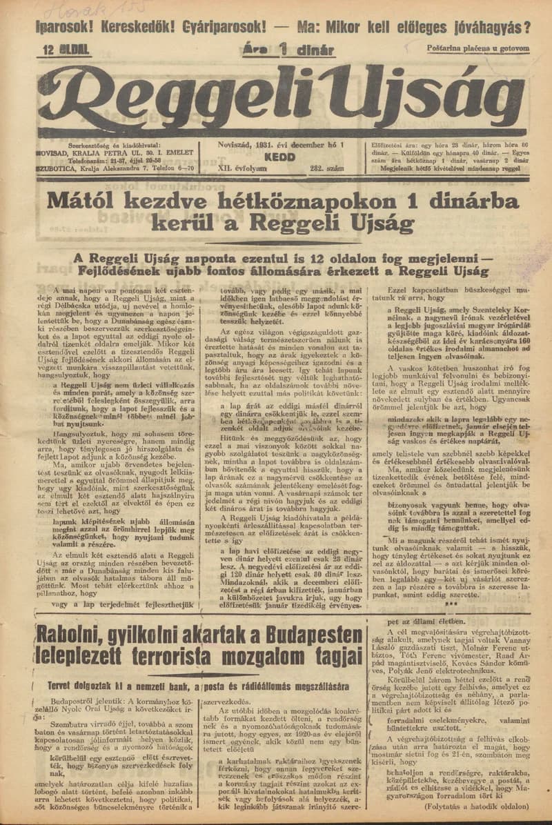 Reggeli Újság, 12. évf. 1931. december 1. 282. sz.