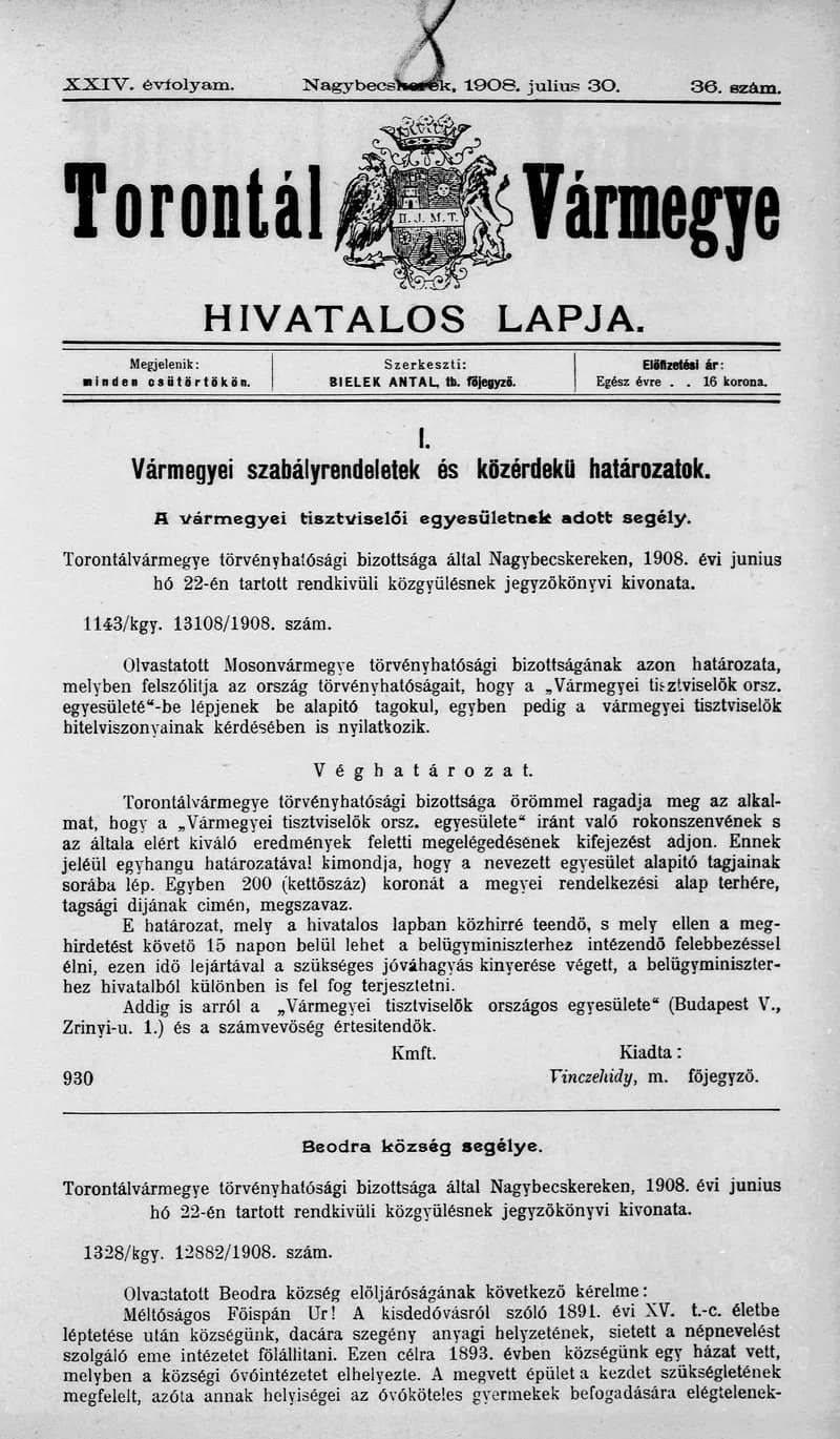 Torontál Vármegye Hivatalos Lapja, 24. évf. 1908. július 30. 36. sz.