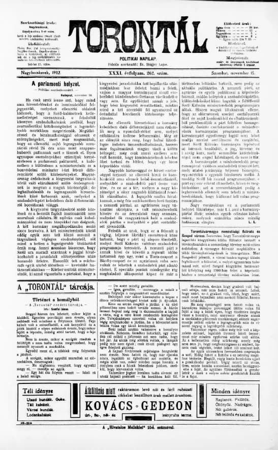 Torontál, 31. évf. 1902. november 15. 262. sz.