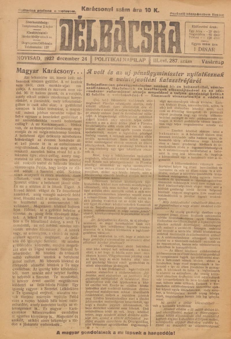 Délbácska, 3. évf. 1922. december 24. 287. sz.
