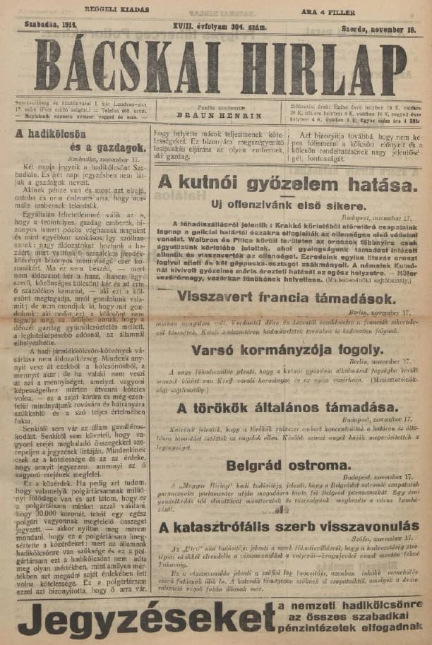 Bácskai Hirlap, 18. évf. 1914. november 18. 304. sz.