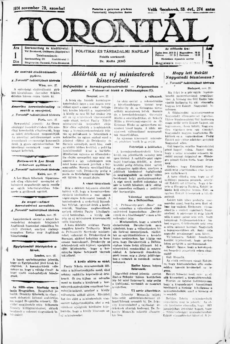 Torontál, 53. évf. 1924. november 29. 274. sz.