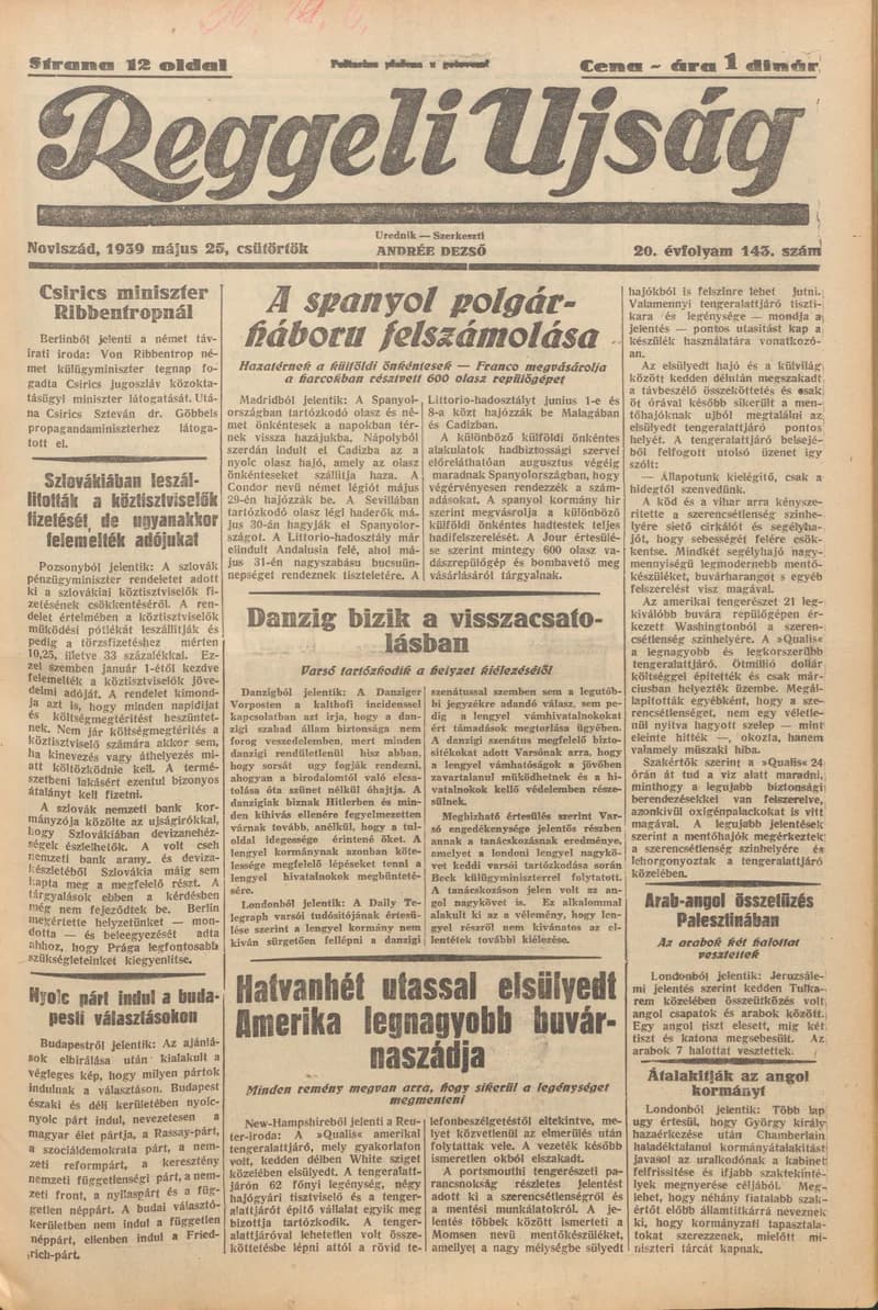 Reggeli Újság, 20. évf. 1939. május 25. 143. sz.