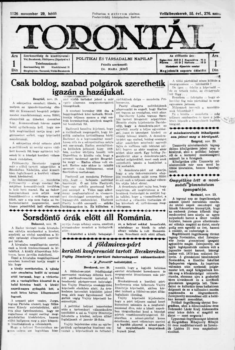 Torontál, 55. évf. 1926. november 29. 276. sz.