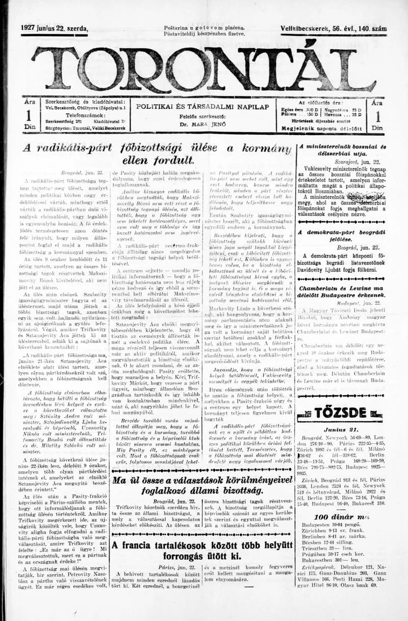 Torontál, 56. évf. 1927. június 22. 140. sz.