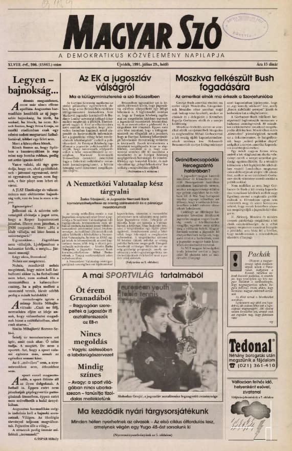 Magyar Szó, 48. évf. 1991. július 29. 206. sz. 1–20. oldal