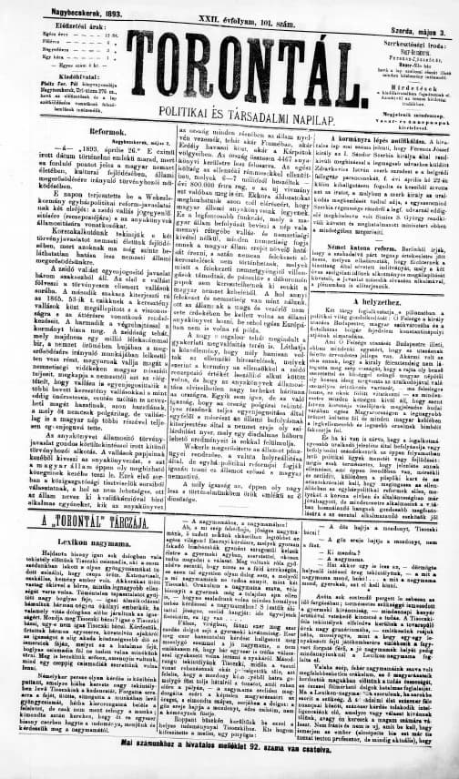 Torontál, 22. évf. 1893. május 3. 101. sz.