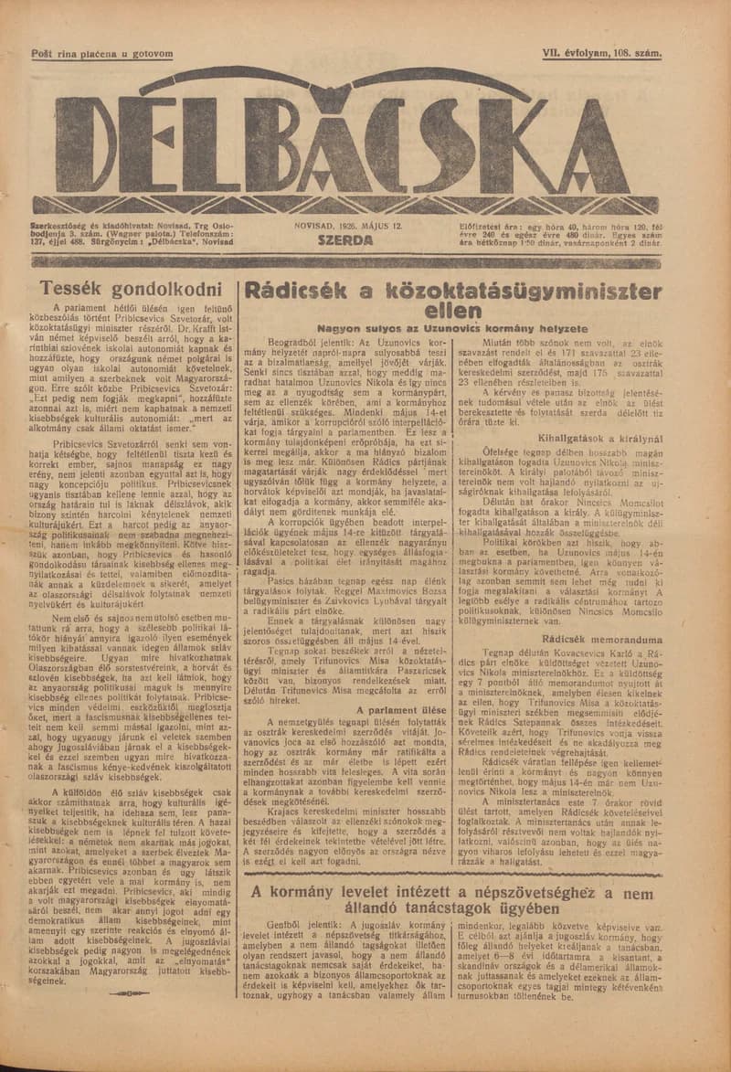 Délbácska, 7. évf. 1926. május 12. 108. sz.