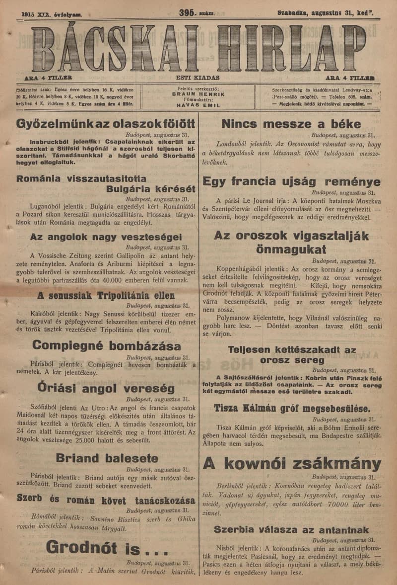 Bácskai Hirlap, 19. évf. 1915. augusztus 31. 395. sz.