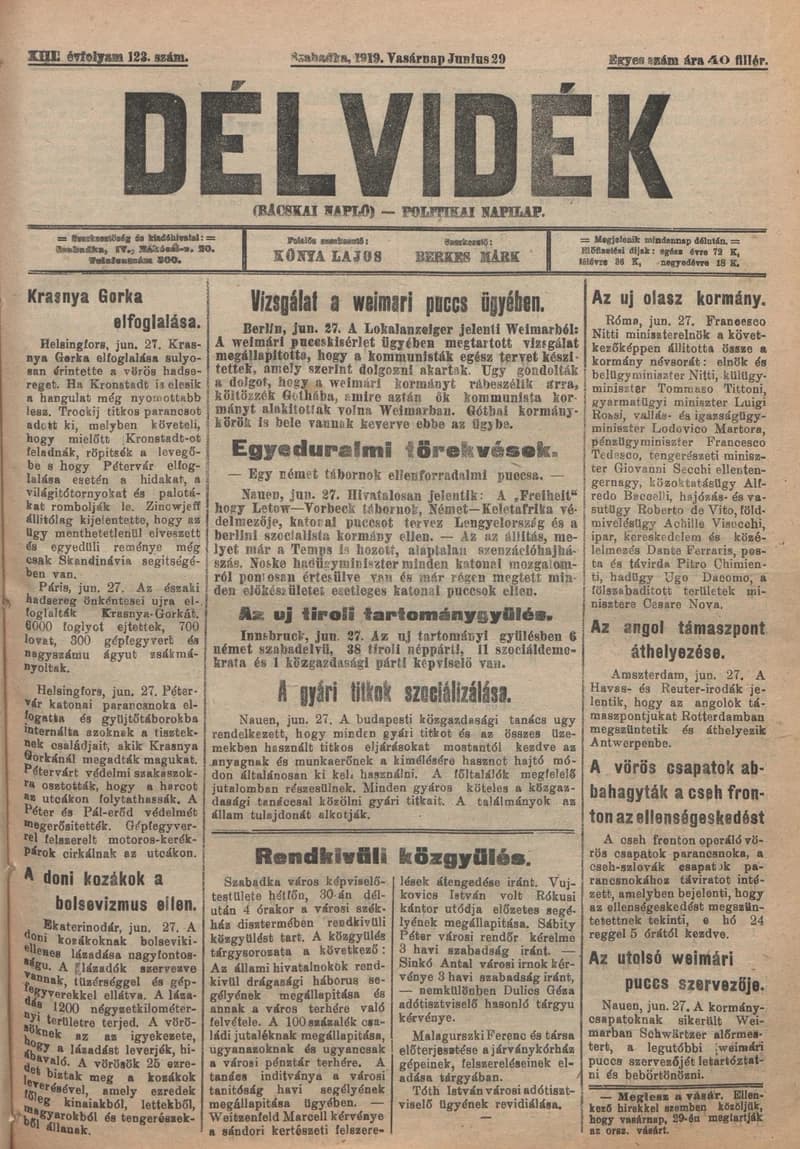 Délvidék, 13. évf. 1919. június 29. 123. sz.