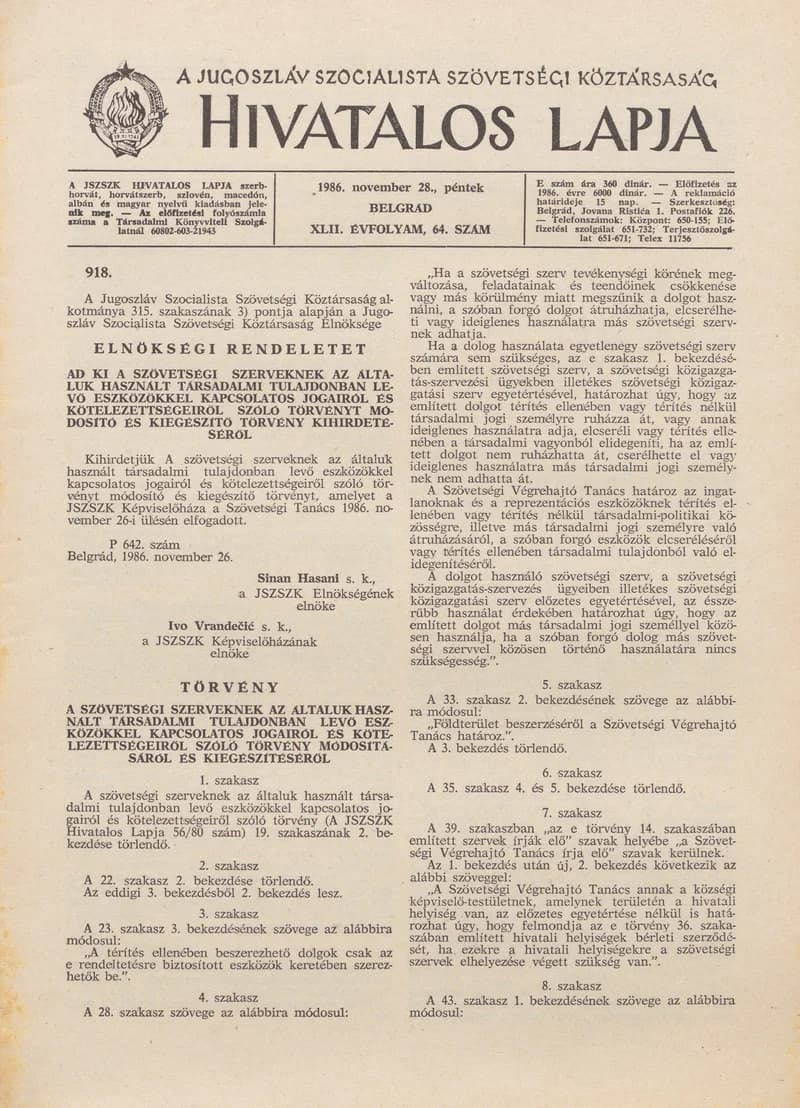 A Jugoszláv Szocialista Szövetségi Köztársaság Hivatalos Lapja, 42. évf. 1986. november 28. 64. sz. 1817–1864. oldal
