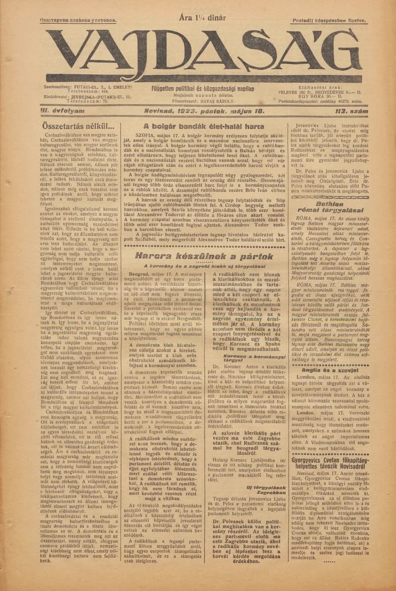 Vajdaság, 3. évf. 1923. május 18. 113. sz.