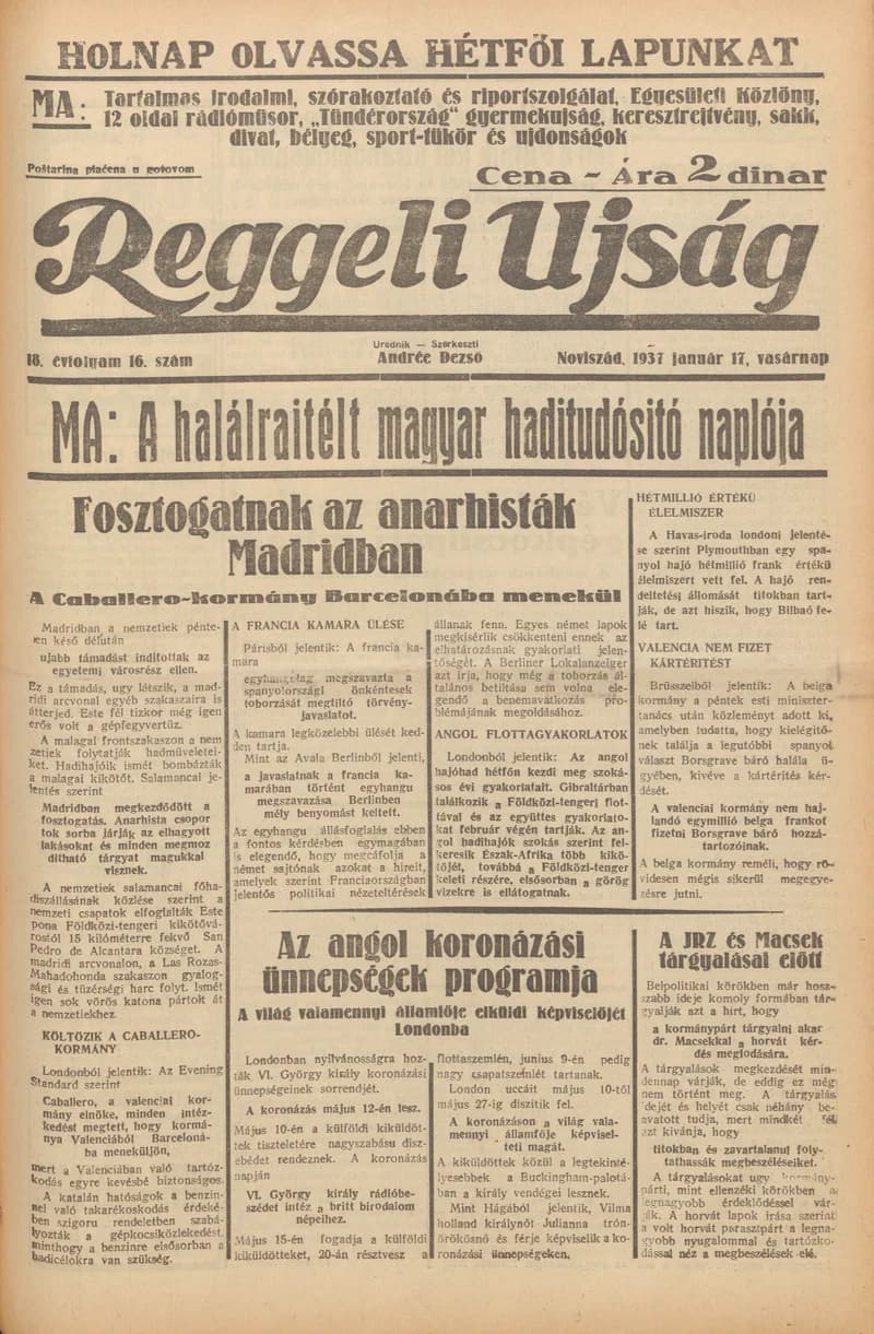 Reggeli Újság, 18. évf. 1937. január 17. 16. sz.