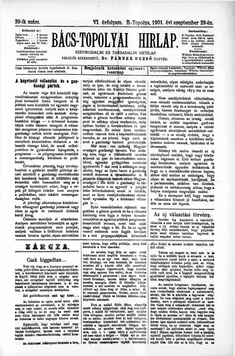 Bács-Topolyai Hirlap, 6. évf. 1901. szeptember 29. 39. sz.