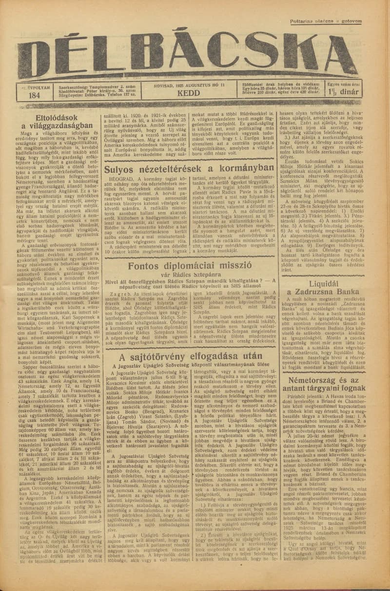 Délbácska, 6. évf. 1925. augusztus 11. 184. sz.