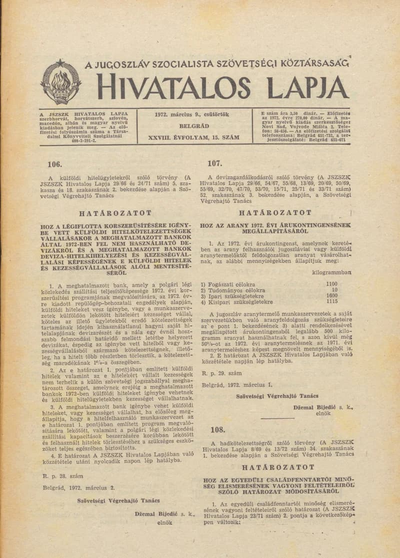 A Jugoszláv Szocialista Szövetségi Köztársaság Hivatalos Lapja, 28. évf. 1972. március 9. 15. sz. 345–348. oldal