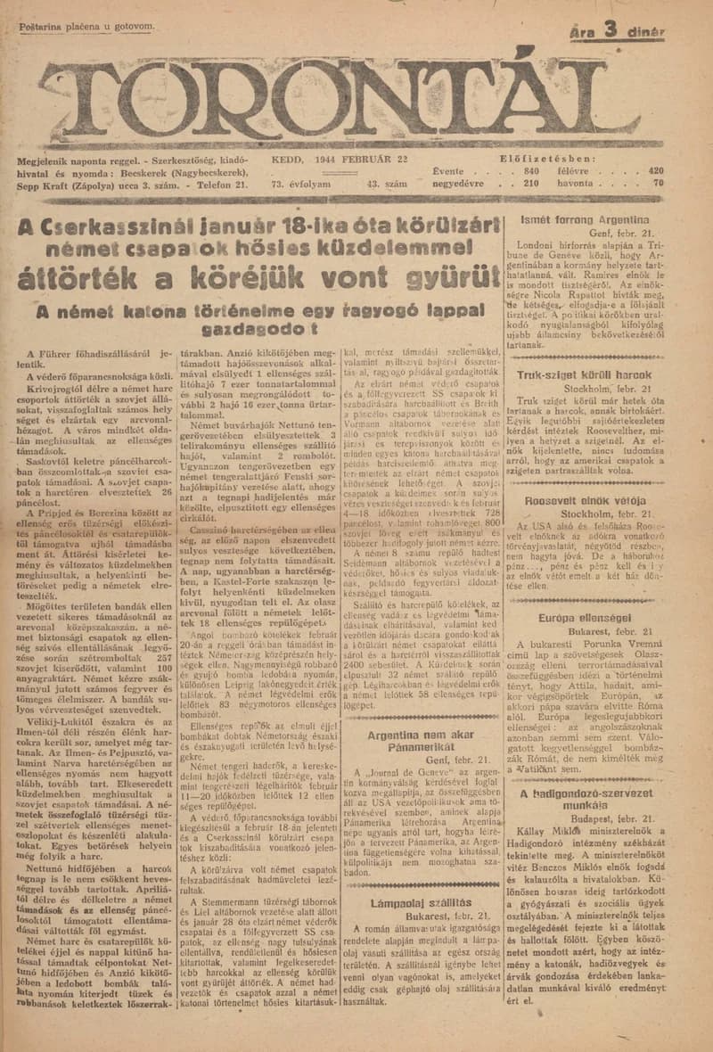Torontál, 73. évf. 1944. február 22. 43. sz.